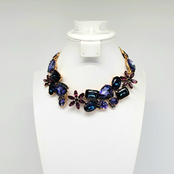 Oscar de la Renta Amethyst, Sapphire Swarovski Crystal Flower Statement Necklace - Picture 9 of 13